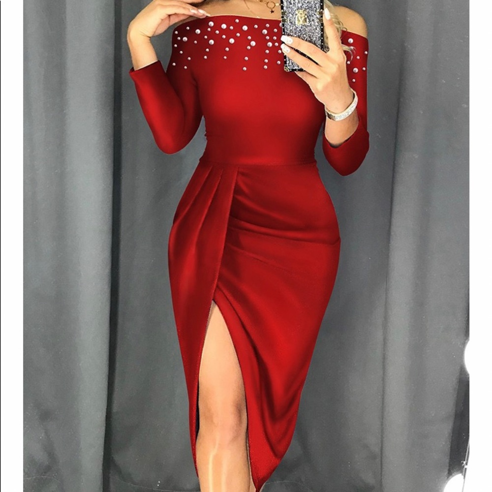 ELEGANT RED MID SLIT MID CALF PEARL EMBELLISHED